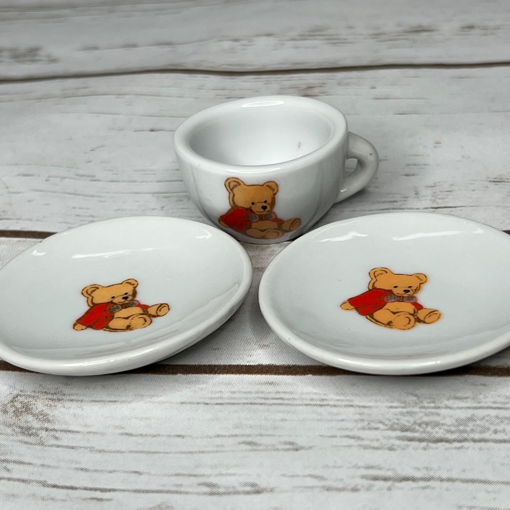 Battat Miniature Tea Set White Porcelain Teddy Bear Red Sweater 3pc Lot OS